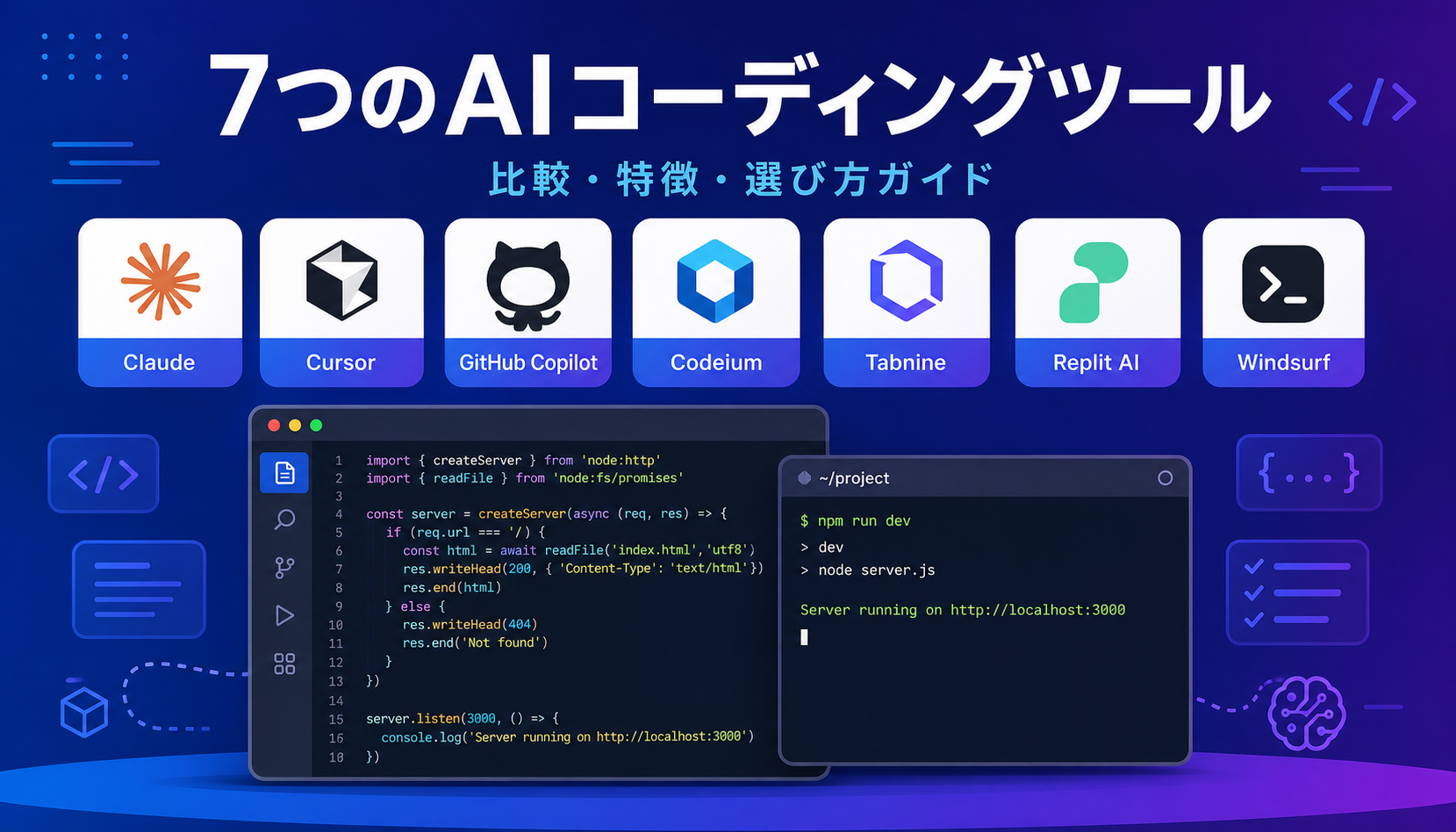 2026年のAIコーディングツール各種が並ぶフラットイラスト