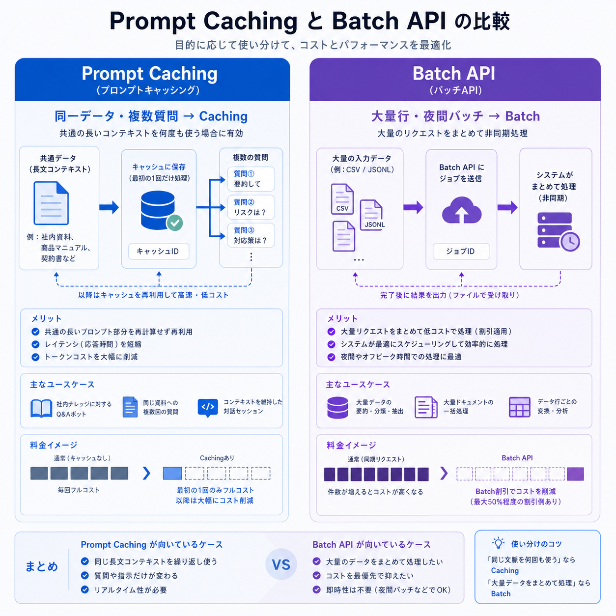 Prompt CachingとBatch APIのユースケース比較の概念図