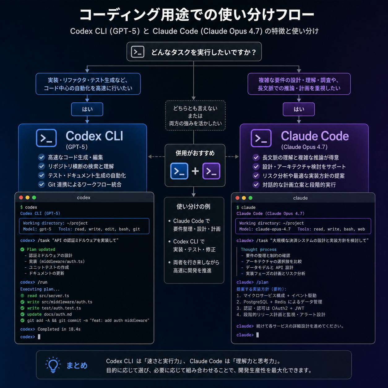 Codex CLIとClaude Codeのターミナル風UIを比較する概念図